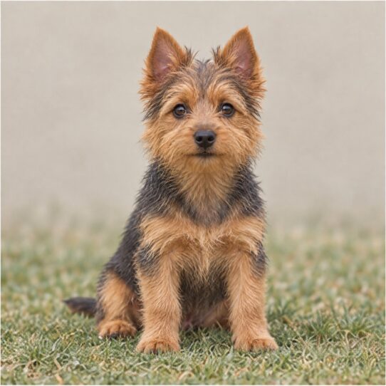 Small, wiry dog with a coarse, sandy-colored coat standing confidently outdoors