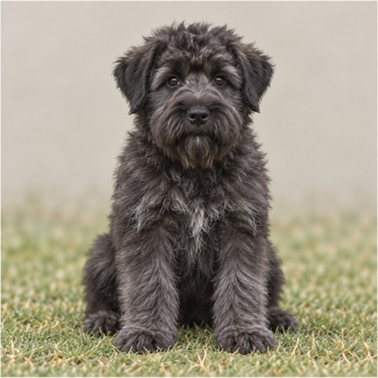 Large, shaggy black dog with a sturdy build standing attentively
