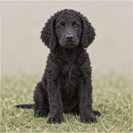 Elegant Curly-Coated Retriever with glossy black coat, standing proudly outdoors