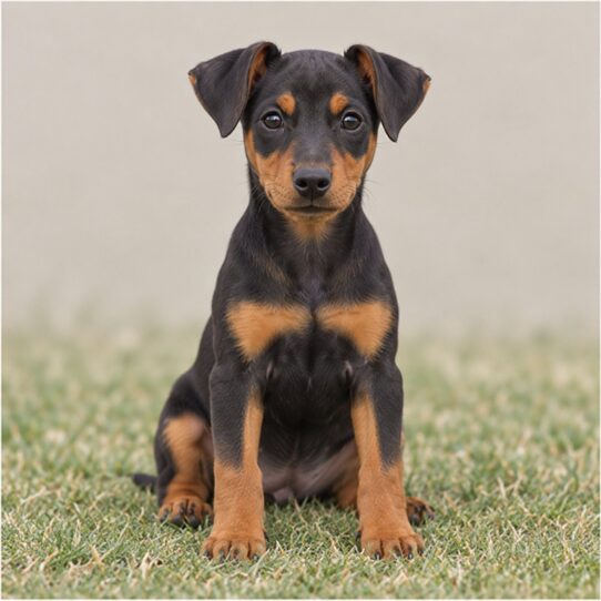 Sleek black and tan dog standing alert with a proud posture