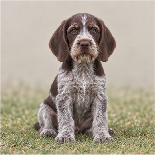 A wiry-coated dog with a distinctive brown and white pattern, standing alert