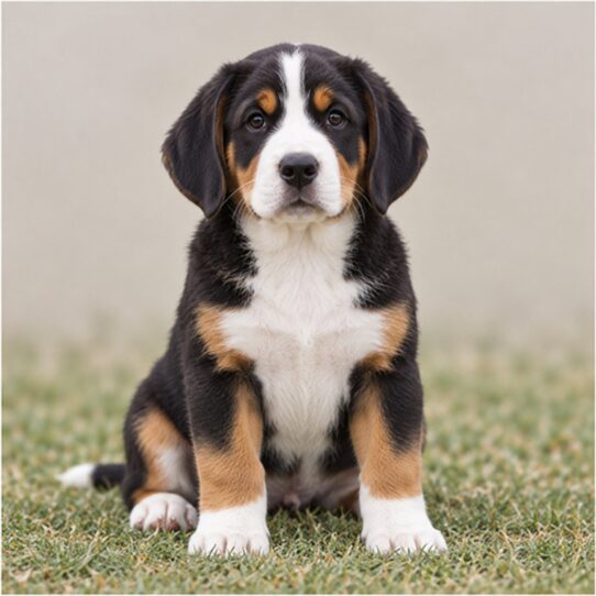 Large dog with a tricolor coat, standing proudly in a grassy field