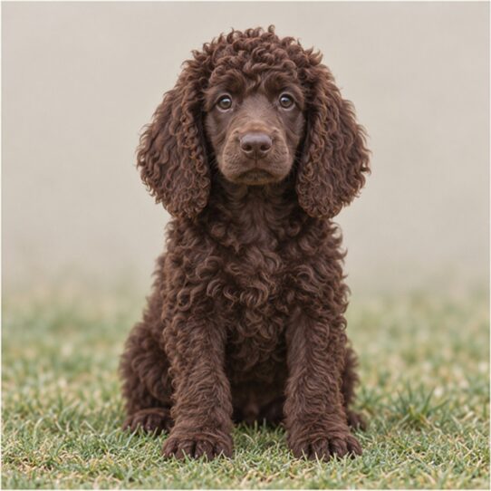 Curly, water-resistant coat in rich liver brown, playful posture by water's edge