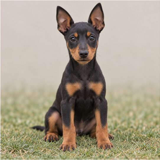 Sleek black and tan dog standing alert with a slight smile